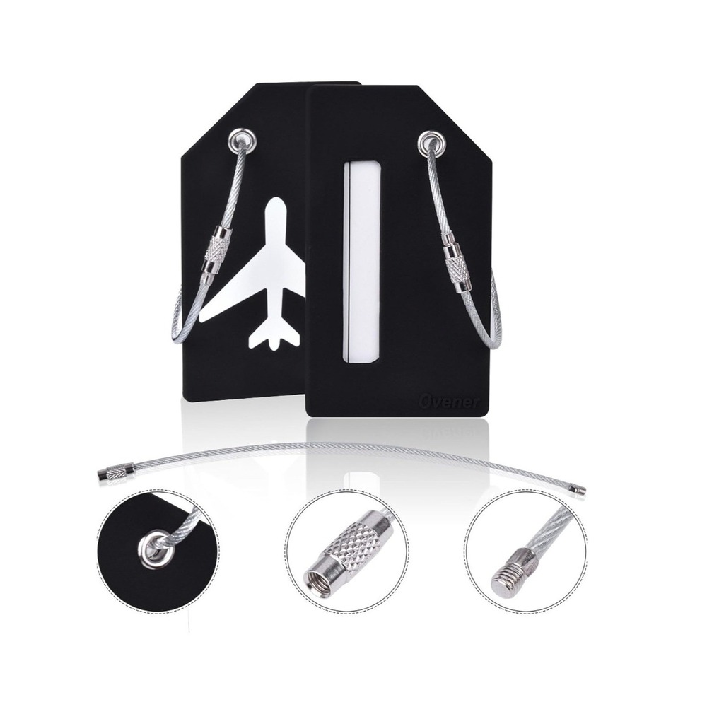 Shacke Luggage Tag 2pc Set Black White Airplane Silicone with Steel Cable Loops